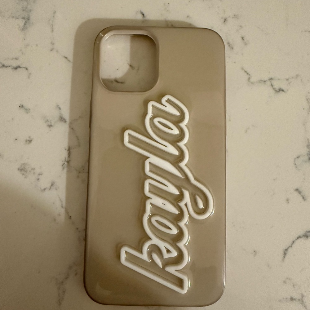 BaubleBar Tan and White iPhone Case with Cursive Design